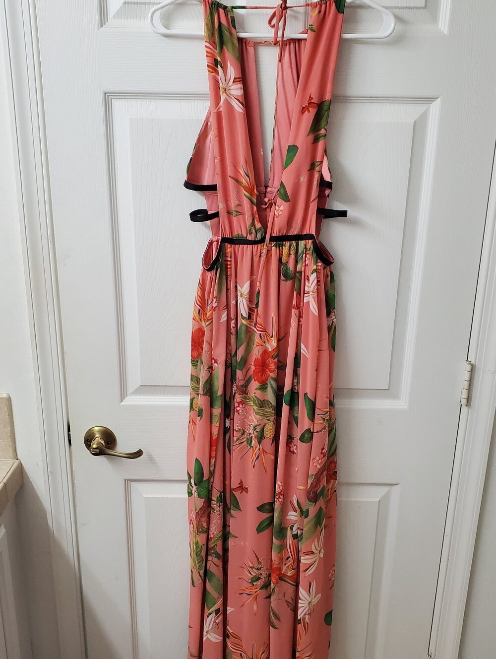 Express Pink Floral Halter Maxi Dress with Black Cut Out Waist Straps - Picture 5 of 8